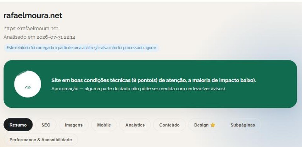 Print real de um relatório do Analisador SEO & Design: nota geral, matriz de prioridade e abas de SEO, imagens, mobile e mais.
