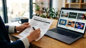 Checklist de avaliação de web designer ao lado de notebook com portfólio de sites