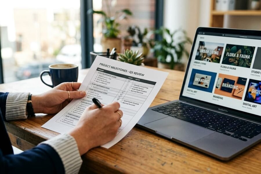 Checklist de avaliação de web designer ao lado de notebook com portfólio de sites