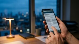 Mão segurando smartphone com página carregando lentamente em ambiente de luz noturna
