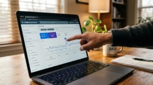 Mão apontando para gráfico de desempenho no Google Search Console em tela de notebook