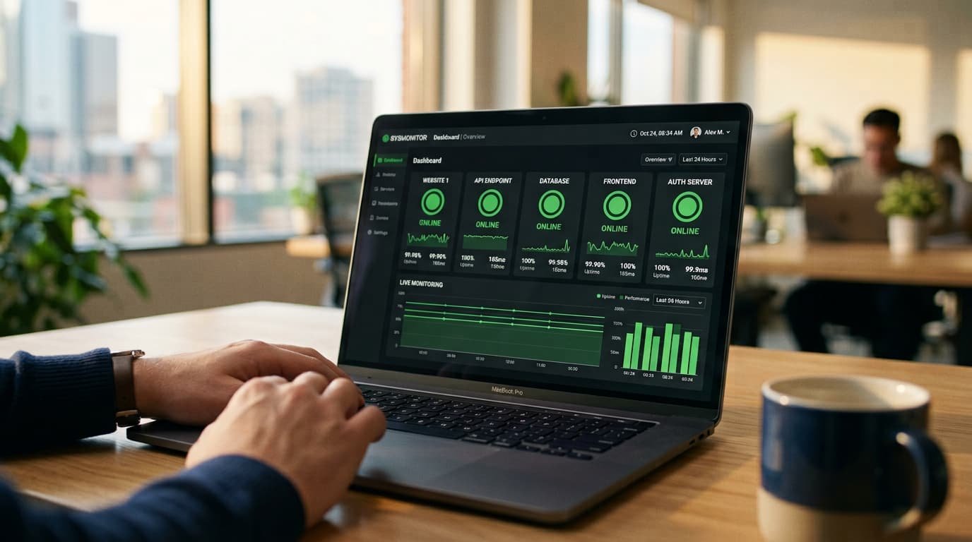 Tela de notebook exibindo painel de monitoramento de uptime de site