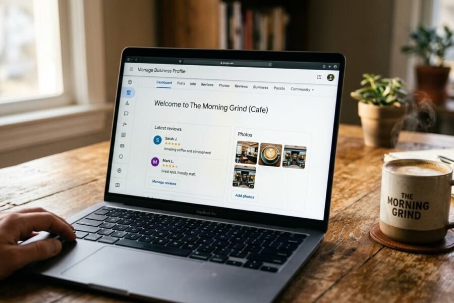 Painel do Perfil da Empresa no Google exibindo fotos e avaliações em tela de notebook