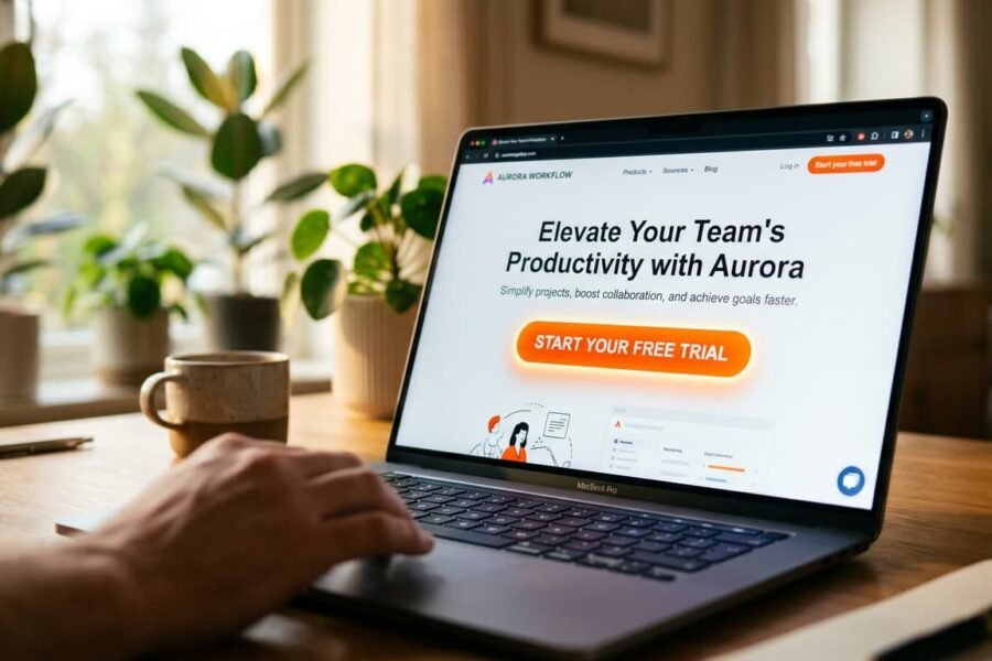Tela de notebook exibindo landing page com botão de chamada para ação em destaque