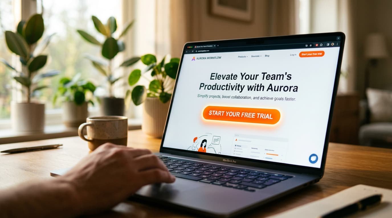 Tela de notebook exibindo landing page com botão de chamada para ação em destaque