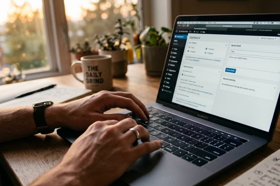Mãos digitando em notebook com painel administrativo do WordPress aberto na tela