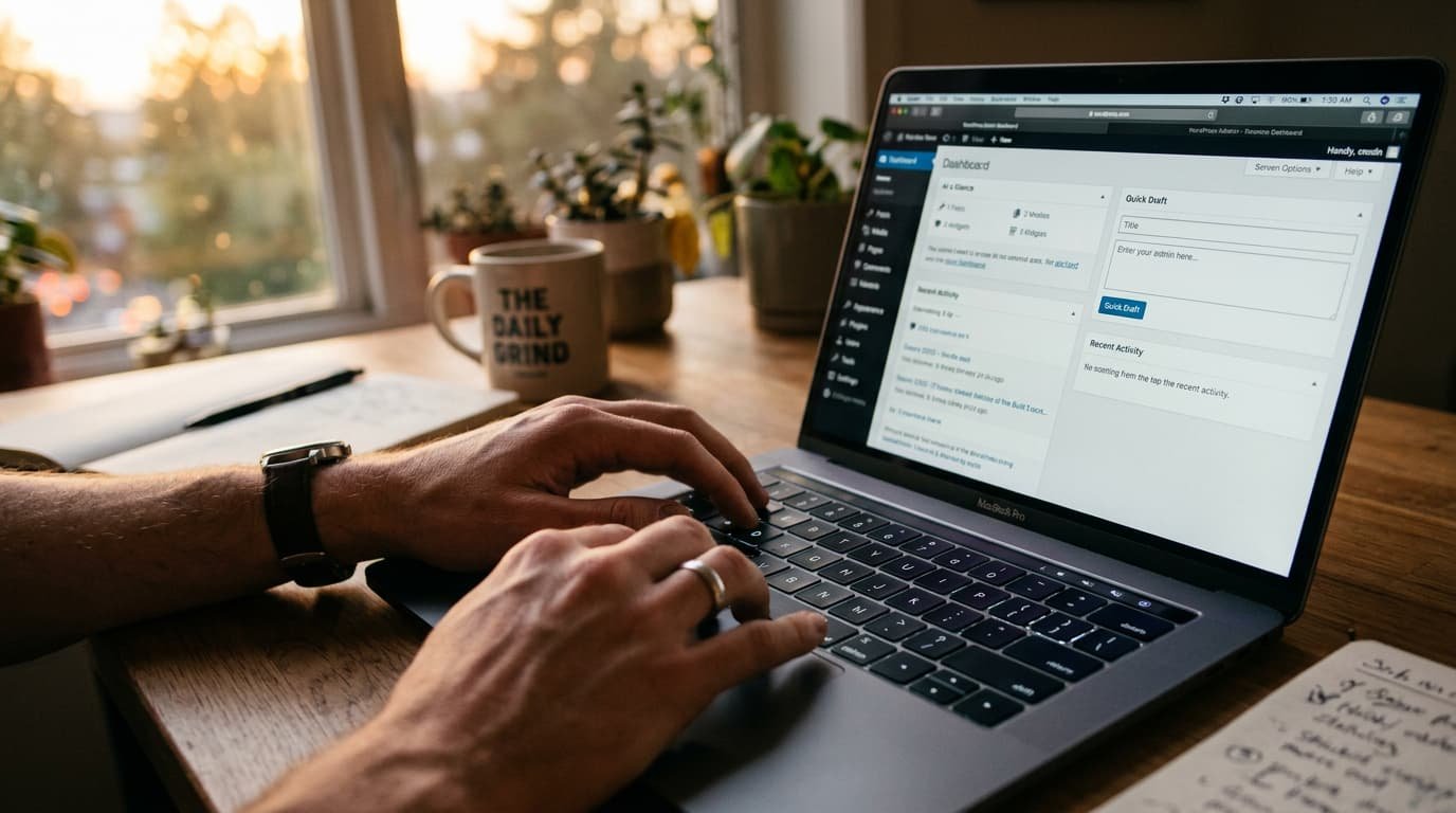 Mãos digitando em notebook com painel administrativo do WordPress aberto na tela
