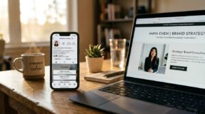 Smartphone com link na bio do Instagram ao lado de notebook exibindo site da empresa