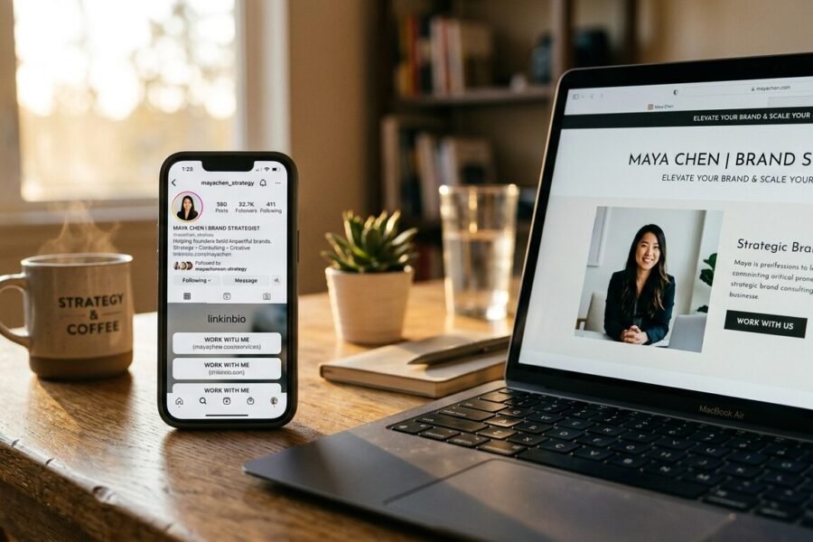 Smartphone com link na bio do Instagram ao lado de notebook exibindo site da empresa