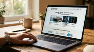Tela de notebook exibindo site B2B de empresa de tecnologia com cases e credenciais técnicas