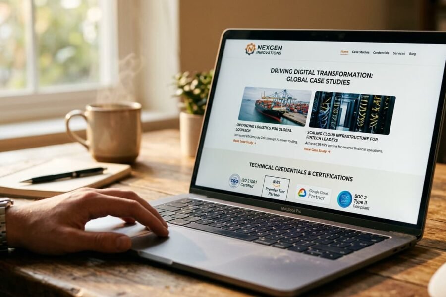 Tela de notebook exibindo site B2B de empresa de tecnologia com cases e credenciais técnicas