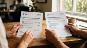 Comparação de duas propostas de orçamento de site sobre mesa de escritório