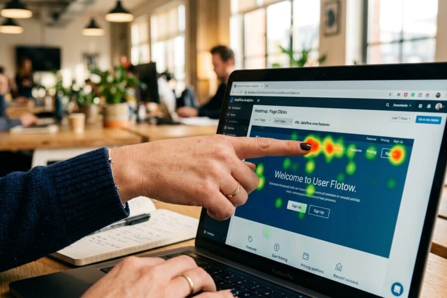 Mão apontando para mapa de calor de comportamento de usuário em tela de site