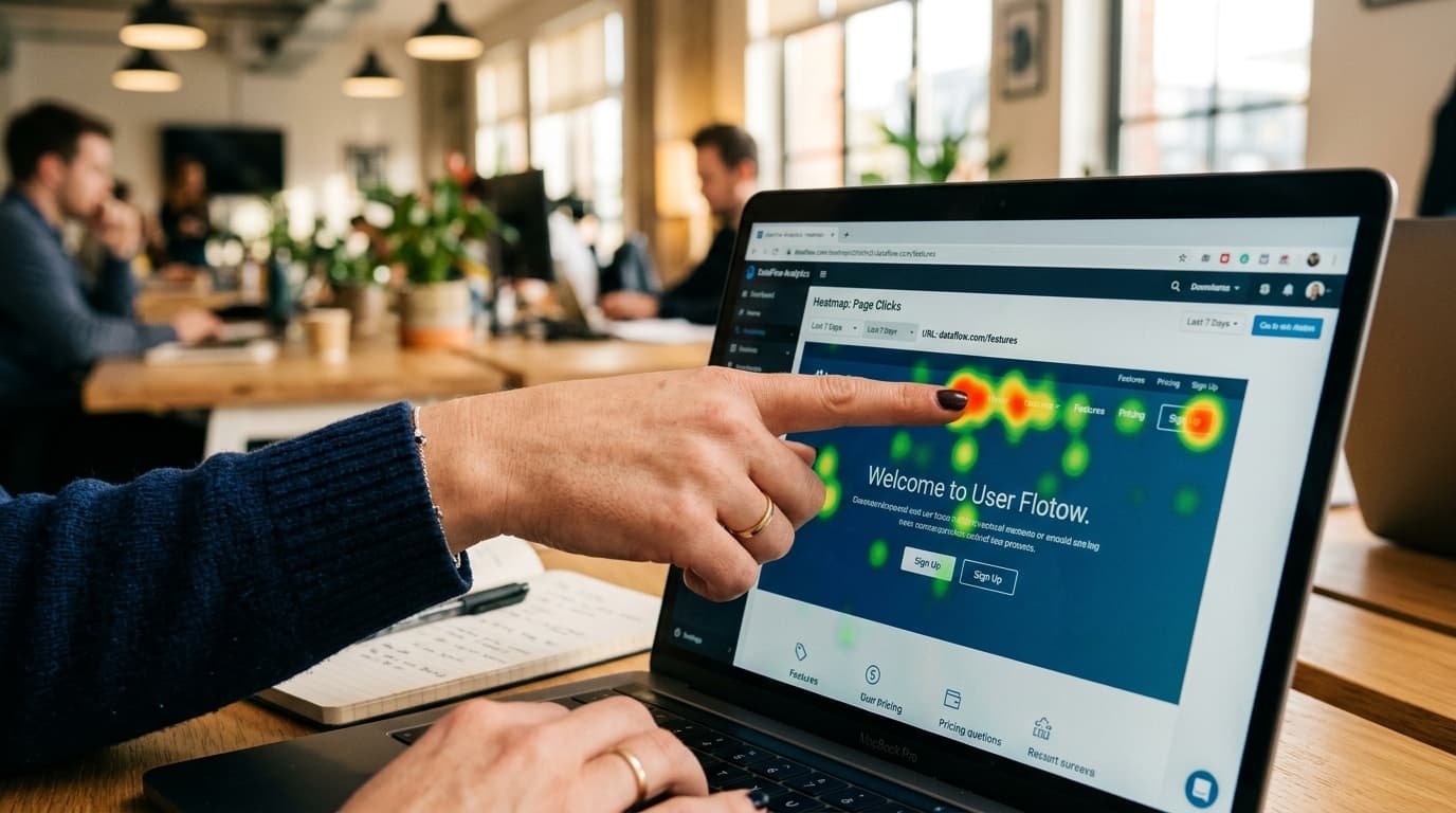 Mão apontando para mapa de calor de comportamento de usuário em tela de site