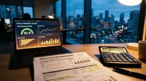 Calculadora e relatório de vendas impresso ao lado de notebook com pontuação de performance