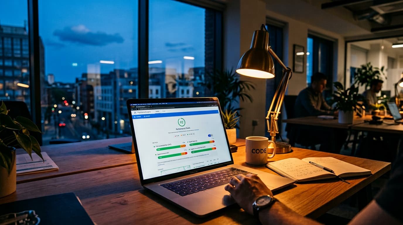 Tela de notebook exibindo pontuação de performance com três métricas de Core Web Vitals
