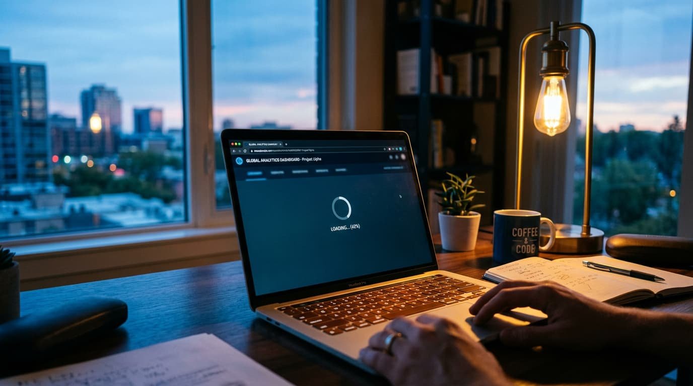 Notebook exibindo site com ícone de carregamento em ambiente de luz de fim de tarde
