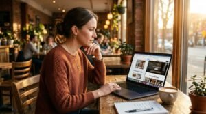 Empreendedor comparando duas plataformas de criação de site em tela de notebook