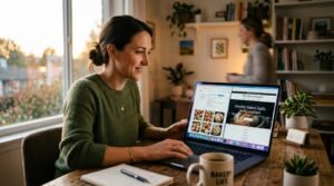 Smartphone com link na bio do Instagram ao lado de notebook exibindo site da empresa