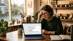 Empreendedor analisando painel de tráfego alto e conversão baixa em notebook