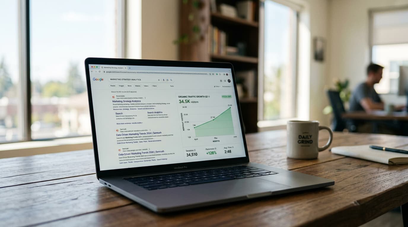 Notebook mostrando resultado de busca e gráfico de desempenho de SEO em ascensão