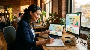 Empreendedor revisando painel de campanha do Google Ads ao lado de mockup de landing page