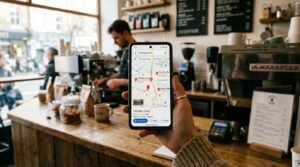Smartphone exibindo resultado de busca local no Google Maps com três negócios em destaque