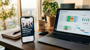 Smartphone exibindo versão mobile de um site ao lado de notebook aberto em mesa de trabalho
