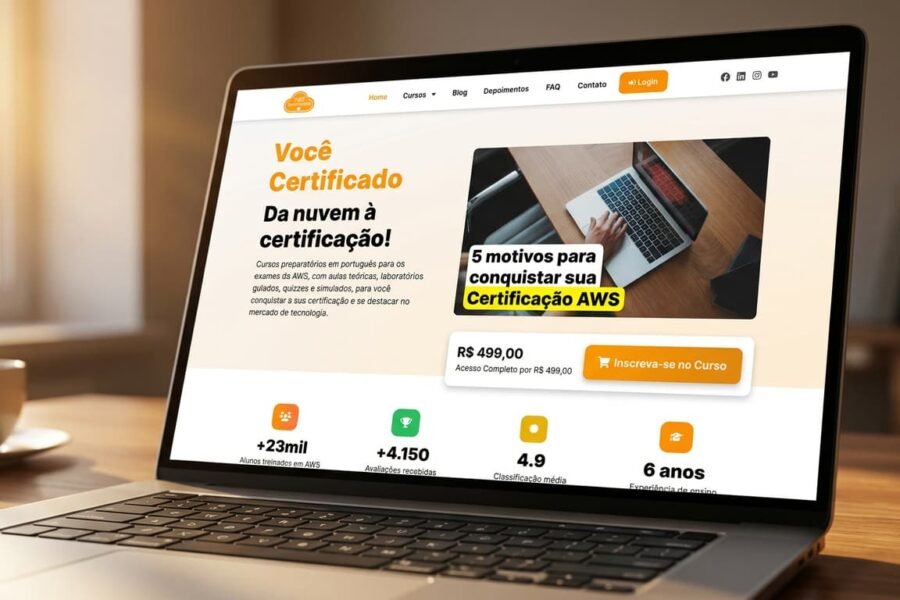 Página de curso com botão de compra em destaque na paleta laranja AWS