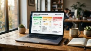 Notebook exibindo relatório de auditoria técnica de site com três categorias de pontuação
