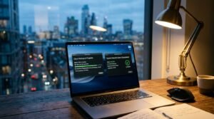 Tela de notebook mostrando backup em nuvem e verificação de segurança em andamento