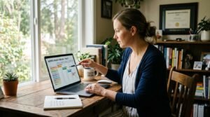 Empreendedor analisando cronograma de criação de site em laptop pela manhã