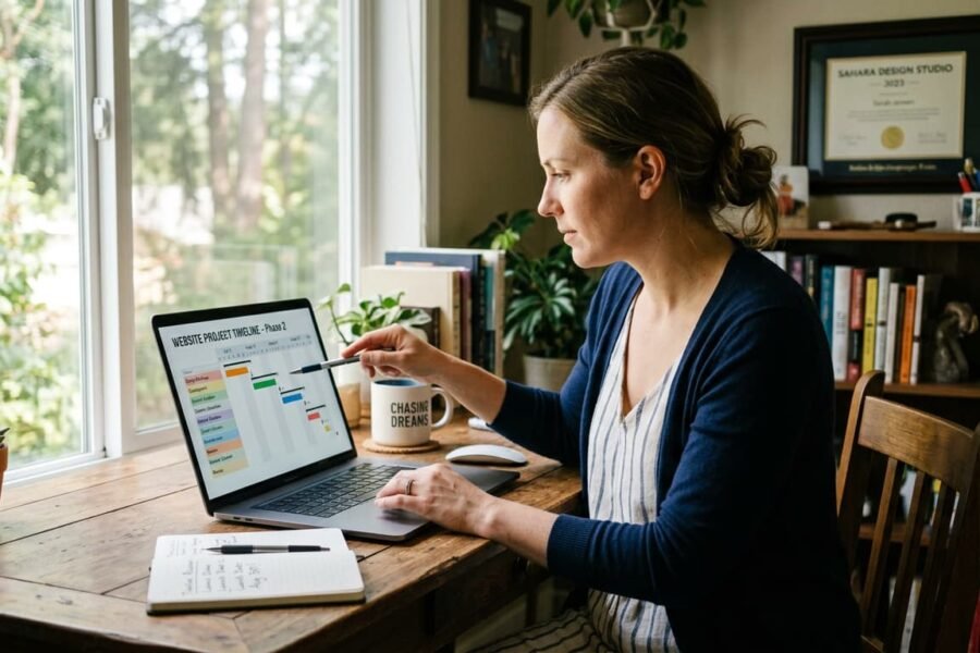 Empreendedor analisando cronograma de criação de site em laptop pela manhã