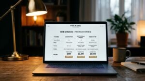 Tela de notebook mostrando tabela comparativa de faixas de preço por tipo de site
