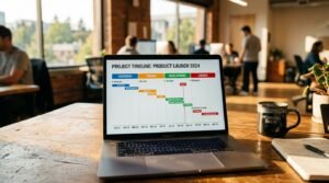 Tela de notebook exibindo etapas de um cronograma de criação de site profissional