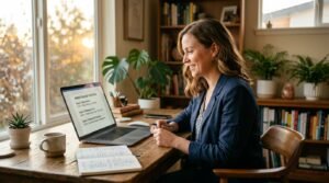 Empreendedor comparando propostas de preço de site em laptop em escritório iluminado