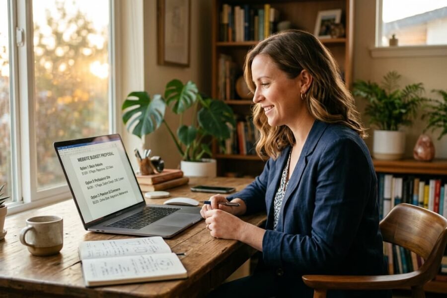 Empreendedor comparando propostas de preço de site em laptop em escritório iluminado
