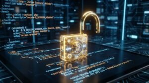 Cadeado digital dourado se destrancando sobre linhas de código de programação azul, simbolizando a recuperação técnica e segura do banco de dados do site.