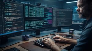 Engenheiro de software sênior analisando logs de servidores e integridade de arquivos em terminal de múltiplos monitores.