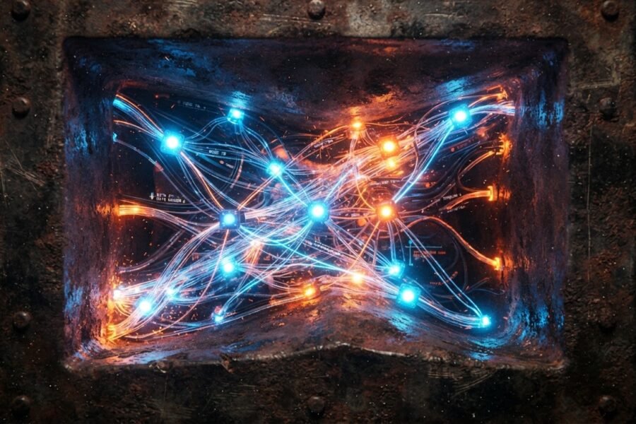 Fotografia conceitual mostrando uma rede de dados moderna sendo esmagada e limitada por uma caixa de metal, simbolizando o gargalo de plataformas fechadas como o Wix.