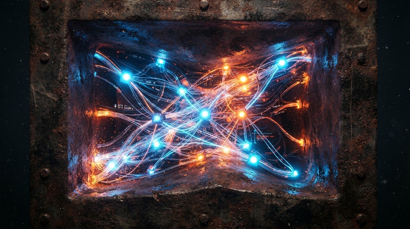Fotografia conceitual mostrando uma rede de dados moderna sendo esmagada e limitada por uma caixa de metal, simbolizando o gargalo de plataformas fechadas como o Wix.