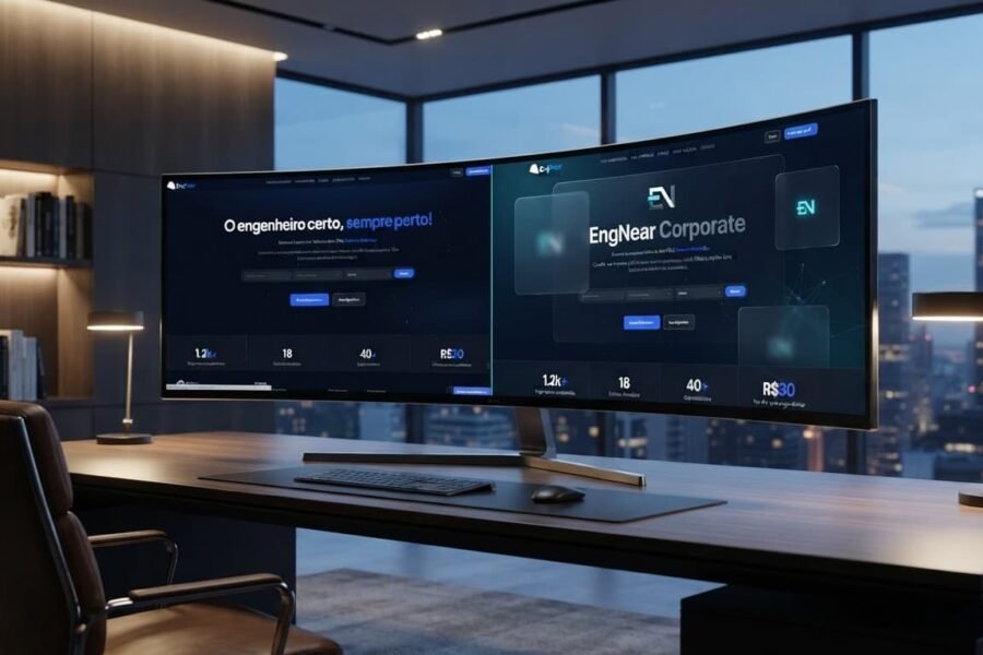 Mockup conceitual de redesign de site corporativo em monitor ultrawide, contrastando interface antiga com um design moderno de alta performance.