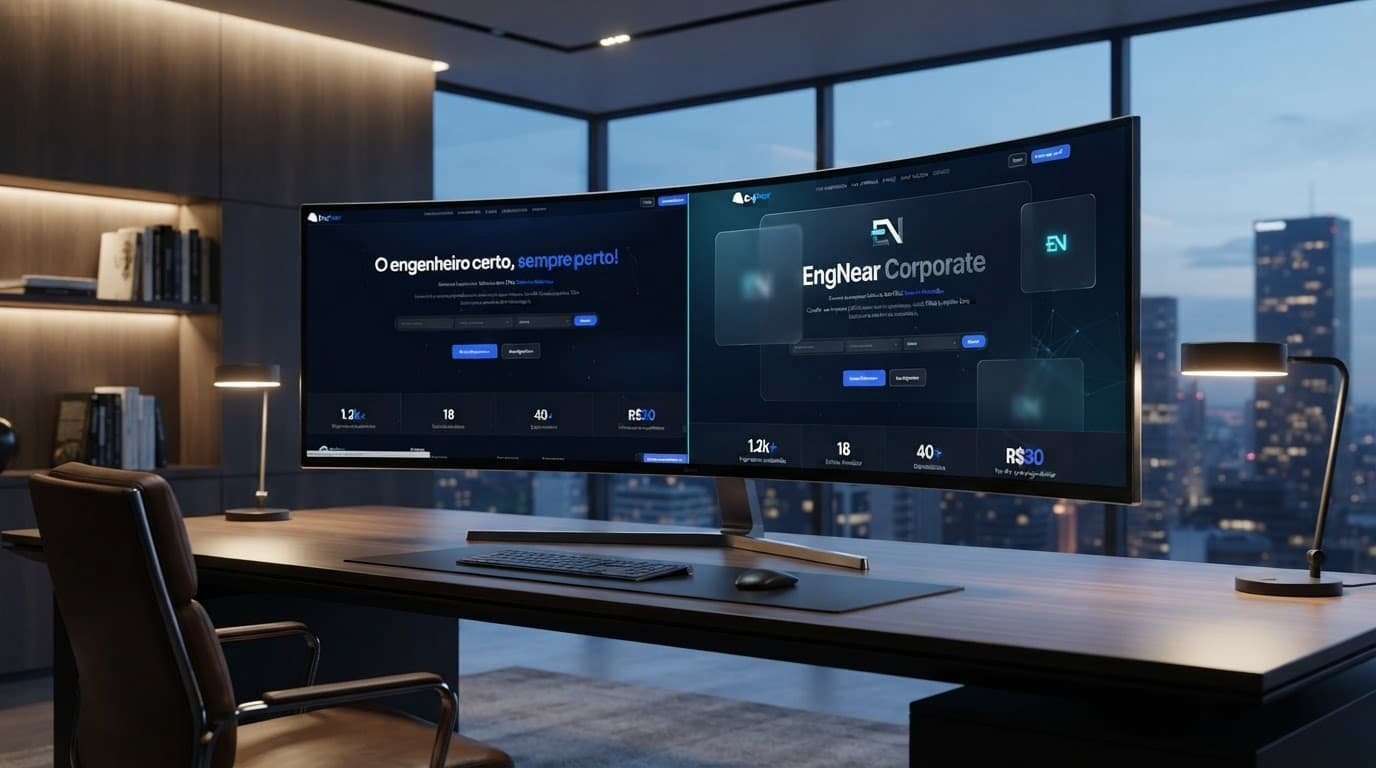 Mockup conceitual de redesign de site corporativo em monitor ultrawide, contrastando interface antiga com um design moderno de alta performance.