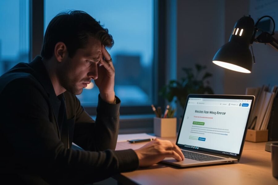 Dono de pequeno negócio olhando estressado para uma tela de erro do site à noite