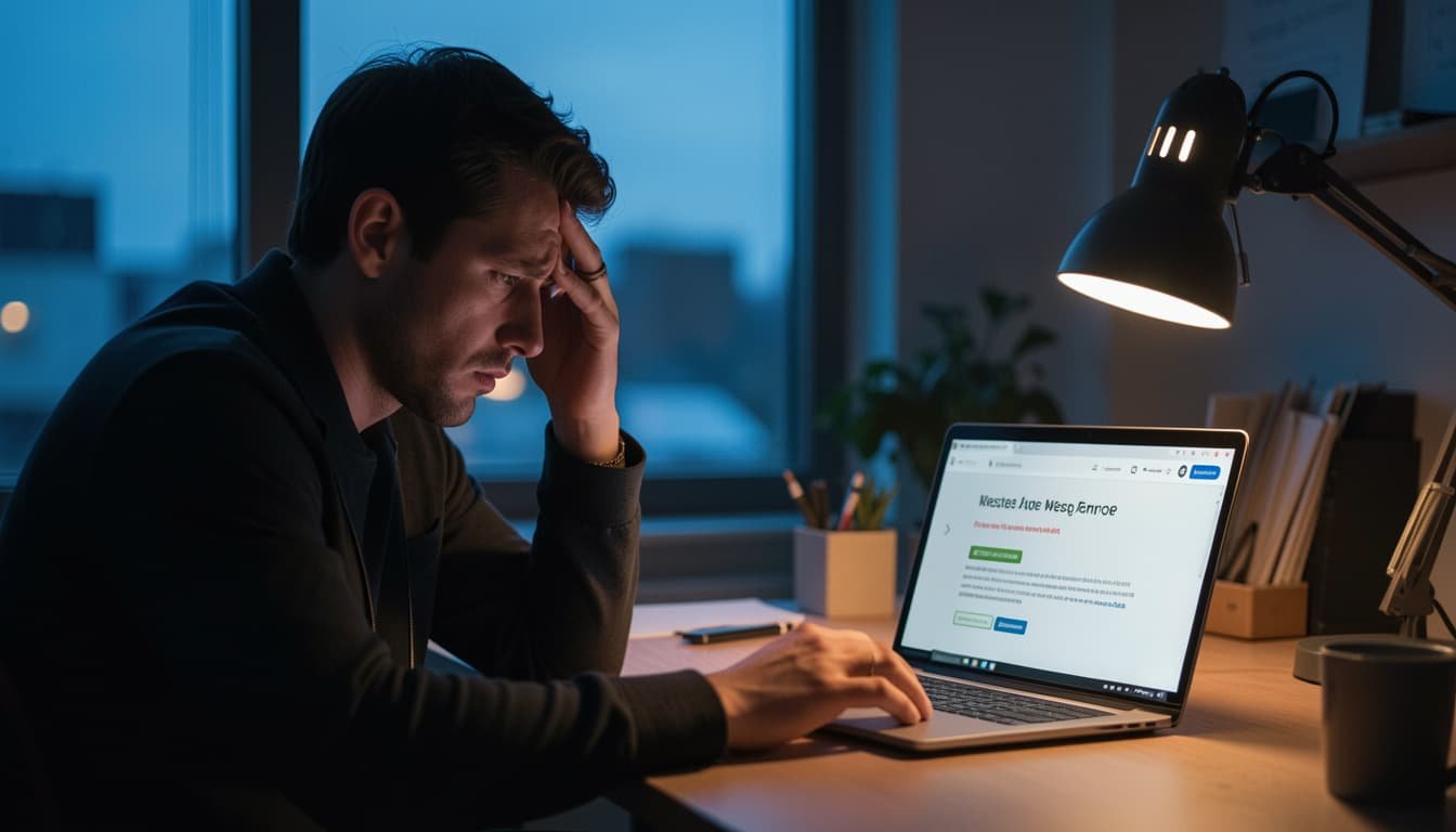 Dono de pequeno negócio olhando estressado para uma tela de erro do site à noite