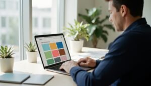 Dono de pequeno negócio analisando a paleta de cores do próprio site em um laptop