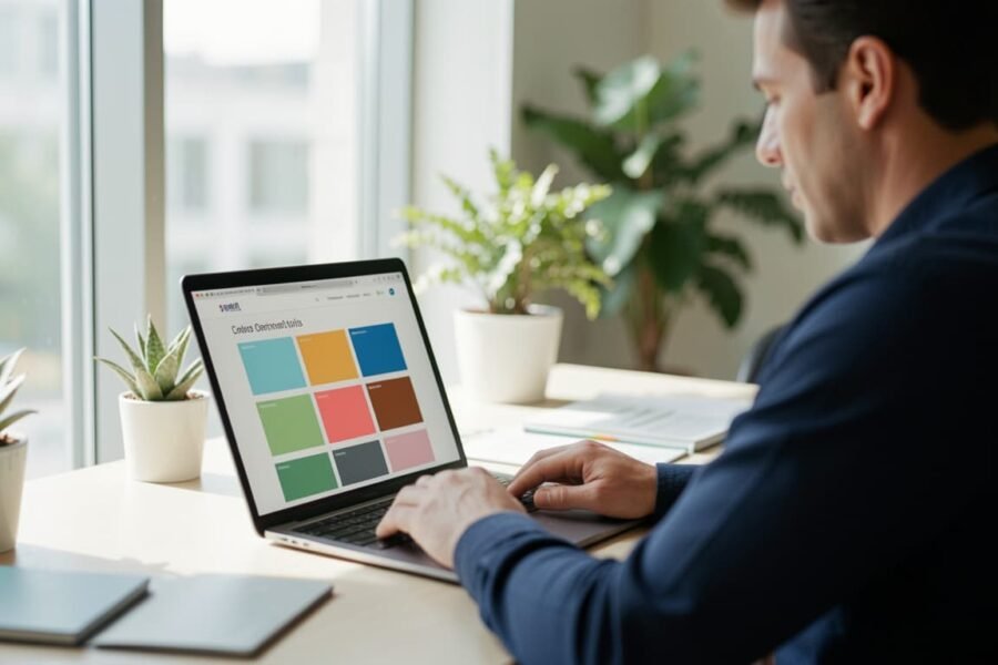 Dono de pequeno negócio analisando a paleta de cores do próprio site em um laptop
