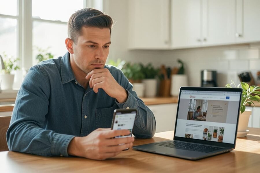 Dono de pequeno negócio em dúvida entre o Instagram no celular e um site no laptop