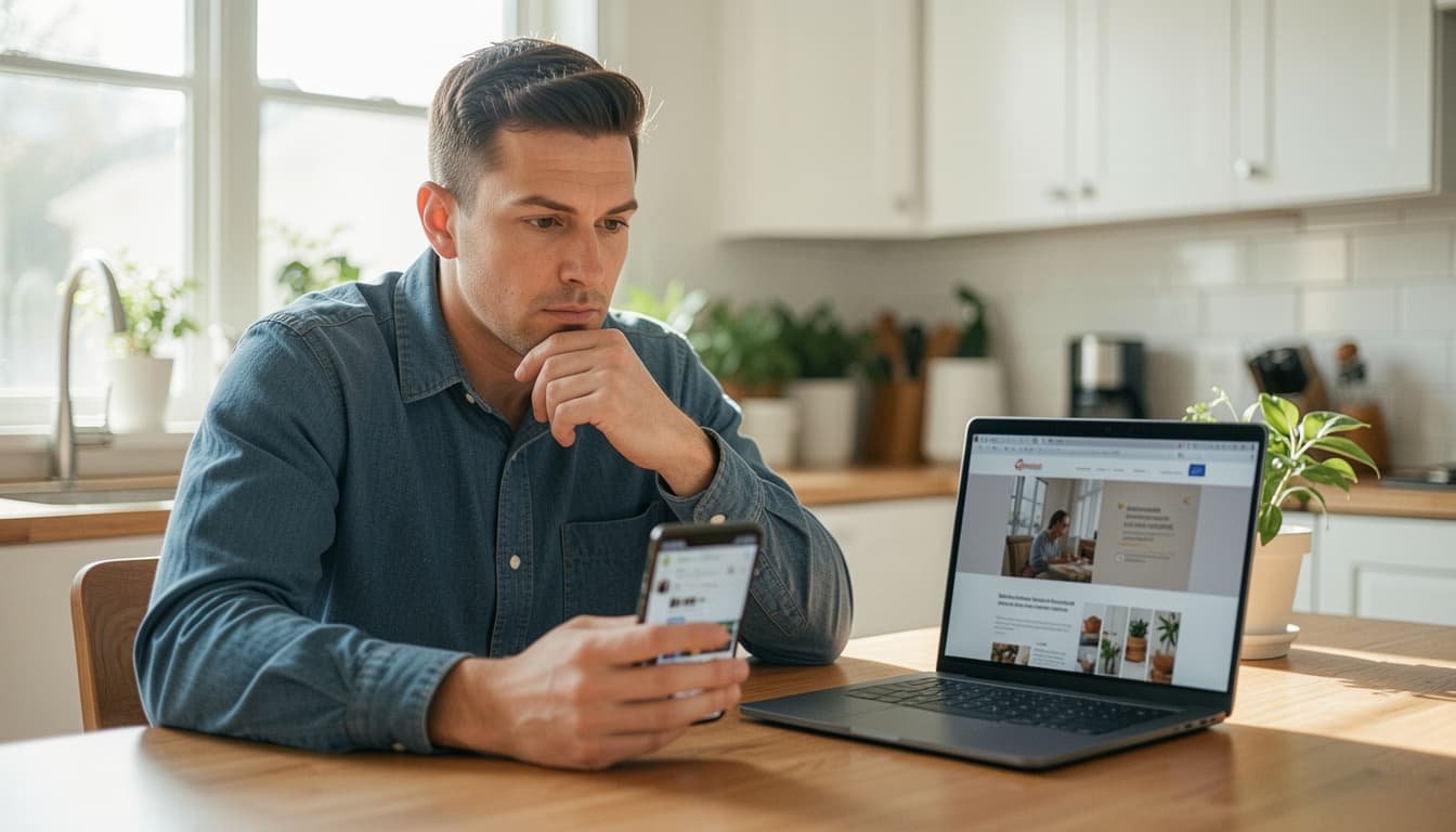 Dono de pequeno negócio em dúvida entre o Instagram no celular e um site no laptop