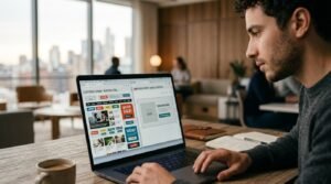 Tela de laptop comparando layout com muitos botões e layout com caminho único de decisão